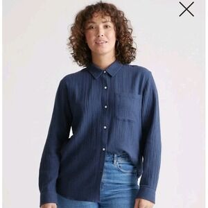 NWT Quince Women 100% Organic Cotton Gauze Long Sleeve Shirt Navy Indigo Blue XL